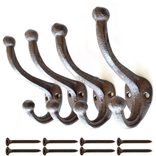 Black Rustic Cast Iron, Wall Mounted Hooks (Set of 4) Vintage Inspired | Modern Farmhouse | Coats, Bags, Hats, Towels… | Matching Screws Included | by My Fancy Farmhouse (Large Simple, Brown/Black)