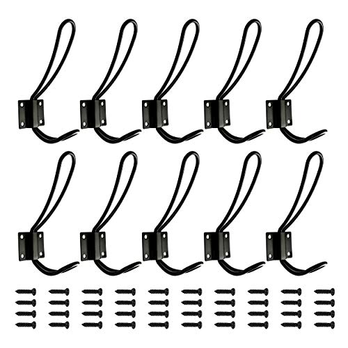 Rustic Entryway Hooks | 10 Pack of Black Wall Mounted Vintage Double Coat