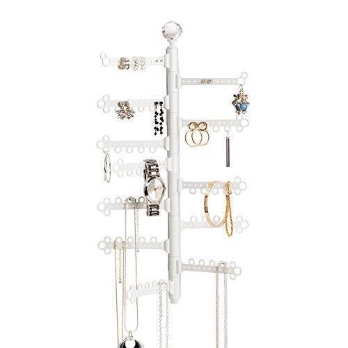 All Hung Up 12-Tier Extra Capacity Wall Mounted Hanging Jewelry Organizer - Display Everything - Save Space - Tall Storage Holder - Long Necklaces, Earrings (110 Pairs), Rings, Bracelets - White