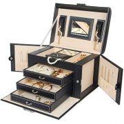 Homde Jewelry Box Necklace Ring Storage Organizer Synthetic Leather Large Jewel Cabinet Gift Case (Black)