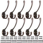 IBosins 10 Pack Heavy Duty Dual Coat Hooks Wall Mounted with 40 Screws Retro Double Hooks Utility Black Hooks for Coat, Scarf, Bag, Towel, Key, Cap, Cup, Hat (Red Copper)