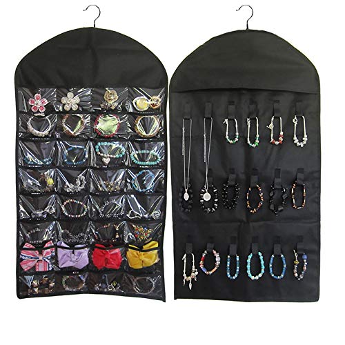 BaggieM Hanging Jewelry Organizer Jewelry Bags Travelling Accessory Organizer Double Sided with 32 Pockets 18 Loops (Black)