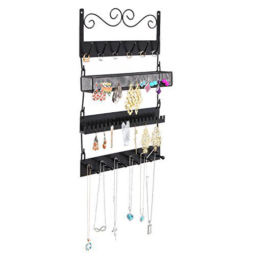 Wall Mounted Black Metal 18 Hook Hanging Jewelry, Earrings, Rings, Necklaces, Bracelets Organizer Rack
