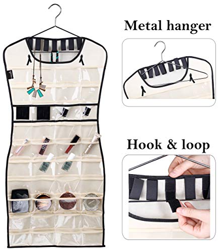 MISSLO Hanging Jewelry Organizer 80 Clear Pockets & 7 Hook Loops Storage for Storing Jewelries, Earrings, Necklaces, Makeups, Hair Accessories Organizers in Closet, Travel, RV