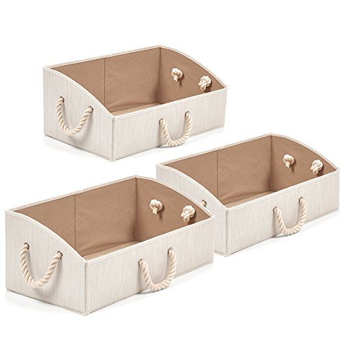 Set of 3 Large Storage Bins EZOWare Foldable Bamboo Fabric Trapezoid Organizer Boxes with Cotton Rope Handle, Collapsible Basket for Shelves, Closet, Baby Toys, Diaper, and More (Beige)