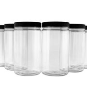 32oz Clear Plastic Jars with Black Ribbed Lids (6 pack): BPA Free PET Quart Size Canisters for Kitchen & Household Storage of Dry Goods, Peanut Butter, and More
