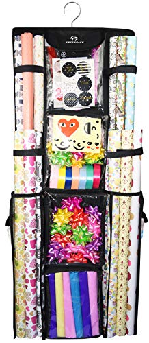 Freegrace Double Sided Hanging Gift Wrap Organizer | Large 16" x 41" Wrapping Paper Rolls Storage Bag | Tearproof & Space Saving Closet Gift Bag Organization Solution (Black)