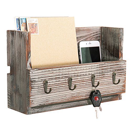 MyGift Rustic Torched Wood Wall Mounted Mail Holder Organizer with 4 Key Hooks