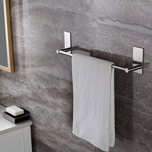 Taozun Self Adhesive 16-Inch Bathroom Towel Bar Brushed SUS 304 Stainless Steel Bath Wall Shelf Rack Hanging Towel Stick On Sticky Hanger Contemporary Style