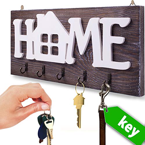 I.S.Company- Key Holder for Wall “Home” Natural Wood | Decorative Key Hooks Ring Holder w/ 5 Hooks, Rustic House Holder for Living Area, Kitchen | Wall-Mounted Keyring Rack Home Holder(Special Brown)