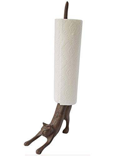 Yoga Cat Decorative Paper Towel Holder or Toilet Paper Holder by Comfify - Adorable “Downward Dog” Pose Kitty- Cast Iron Paper Towel Stand - Antiqued Cast Iron Storage - Multiple uses - 19” tall.