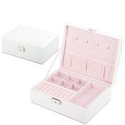 Kendal 2 Trays White Leather Jewelry Box Case Storage Organizer with Lock LJT004WH