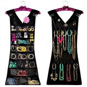Marcus Mayfield Hanging Jewelry Organizer, Closet Storage with Satin Hanger, 2 Sided for Jewelry, Hair Accessories & Makeup (1-Black Dress & Pink Satin Hanger, 24 Pockets 17 Hooks)