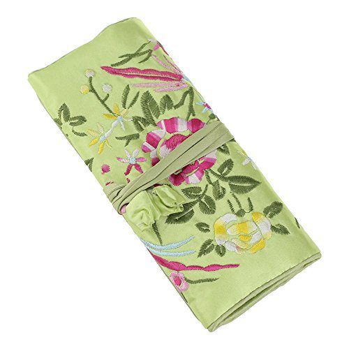 Jewelry Roll,Travel Jewelry Roll Bag,Silk Embroidery Brocade Jewelry Organizer Case with Tie Close,Light Green Flower
