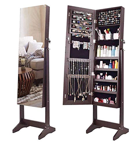 AOOU Jewelry Organizer Jewelry Armoire,Full Length Mirror Lockable Jewelry Cabinet, with Large Storage Capacity, 3 Angles Adjustable, Brown