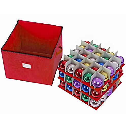 ProPik Holiday Ornament Storage Box Organizer Chest, with 3 Trays Holds Up to 75 Ornaments Balls, with Dividers to Organize Durable 600D Oxford Material (Red)