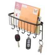 mDesign Wall Mount Metal Entryway Storage Organizer Mail Sorter Basket with 6 Hooks - Letter, Magazine, Coat, Leash and Key Holder for Entryway, Mudroom, Hallway, Kitchen, Office - Bronze