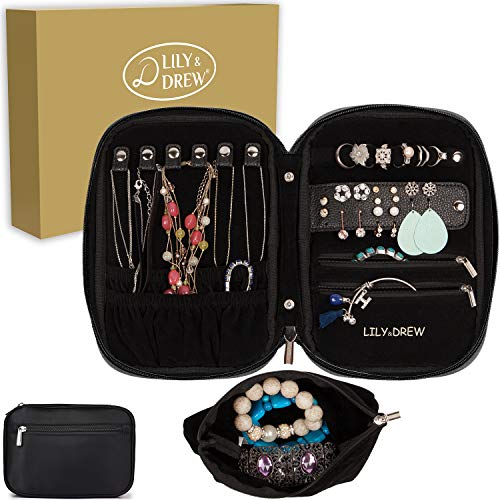 Lily & Drew Travel Jewelry Storage Carrying Case Jewelry Organizer with Removable Pouch, in Gift Box (V1B Black)