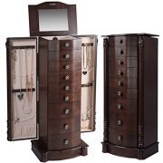 Giantex 40" Jewelry Armoire Chest Cabinet, Heavy Duty 17” Wide Stand Organizer Large Storage 2 Swing Doors 16 Hook Top Mirror Boxes,Large Standing Bedroom Armoires Jewelry Cabinets w/ 8 Drawers,Walnut