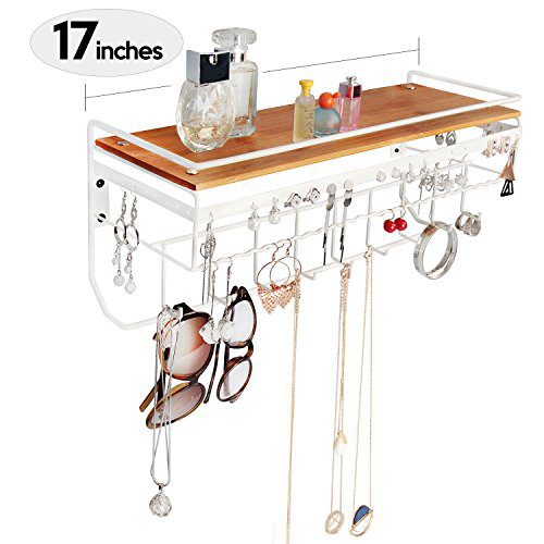 JackCubeDesign Hanging Jewelry Organizer Necklace Hanger Bracelet Holder Wall Mount Necklace Organizer with 9 Hooks and Bamboo Support(White,16.9 x 5.9 x 7.1 inches) - :MK237B