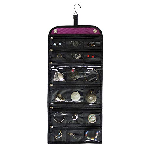 Jaimie Hanging Travel Jewelry Organizer - Compact Portable Size - Foldable Accessory Necklace Ring Bracelet Organizer for Travel & Home - 23 Zippered Pockets for Easy Storage [Gift Ready Royal Purple]