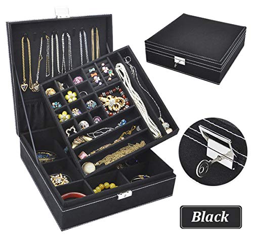 Jewelry Box for Women, QBeel 2 Layer 36 Compartments Necklace Jewelry Organizer with Lock Jewelry Holder for Earrings Bracelets Rings - Black