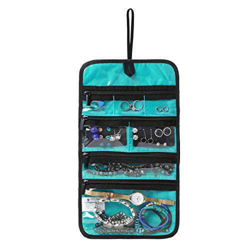 BAGSMART Hanging Travel Jewelry Roll Bag with Zippered Compartments for Earrings & Necklaces & Ring, Blue
