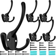 IBosins 6 Pack Big Heavy Duty Three Prongs Coat Hooks Wall Mounted with 24 Screws (Two Types of Screws Included) Retro Double Utility Rustic Hooks for Thick Coat, Big Heavy Bags (6 Pack)