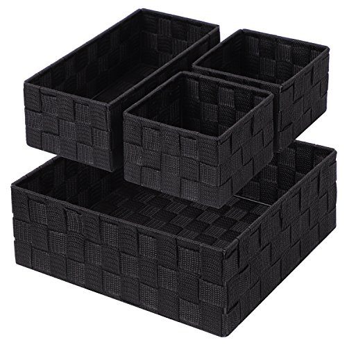 Woven Storage Box Cube Basket Bin Container Tote Organizer Divider for Drawer,Closet,Shelf, Dresser,Set of 4 (Black)