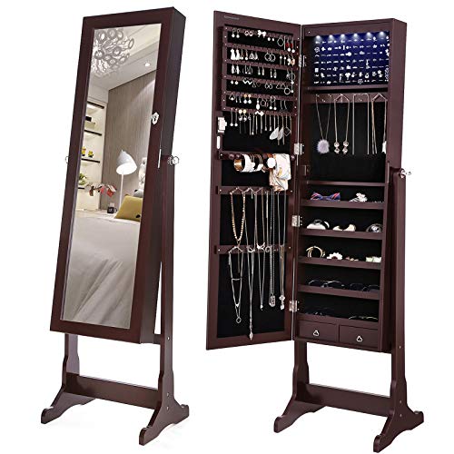 SONGMICS 6 LEDs Jewelry Cabinet Large Mirrored Jewelry Armoire Organizer with 2 Drawers Brown, Sturdy and Stylish UJJC94K