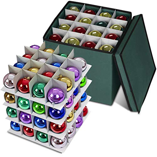 Propik Holiday Ornament Storage Box Chest, with 4 Trays Holds Up to 64 Ornaments Balls, with Dividers Made with Durable 600D Oxford Polyester Material (Green)