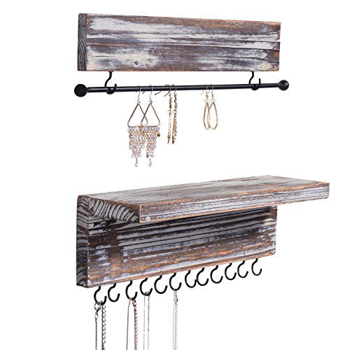 MyGift Rustic Wood Wall Mounted Hanging Jewelry Organizers, Set of 2