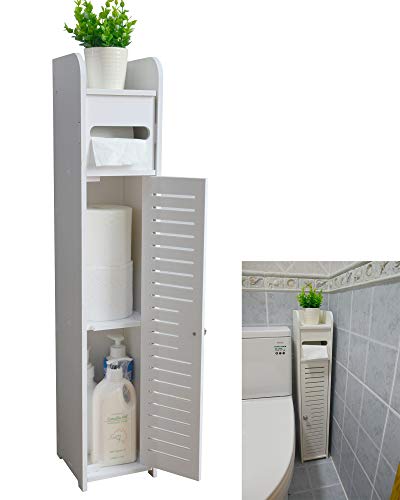 Aojezor Small Bathroom Storage Corner Floor Cabinet with Doors and Shelves, Thin Toilet Vanity Cabinet, Narrow Bath Sink Organizer, Towel Storage Shelf for Paper Holder, White