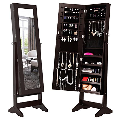 LANGRIA Lockable Jewelry Cabinet Jewelry Armoire with Mirror Jewelry Holder Organizer Storage, 4 Angle Adjustable, Brown