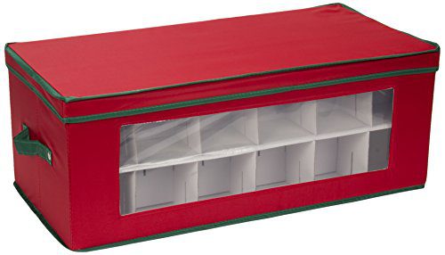Household Essentials 551RED Large Christmas Tree Ornament Storage Box | Stores Up to 36 Xmas Ornaments | Red Bin with Green Trim