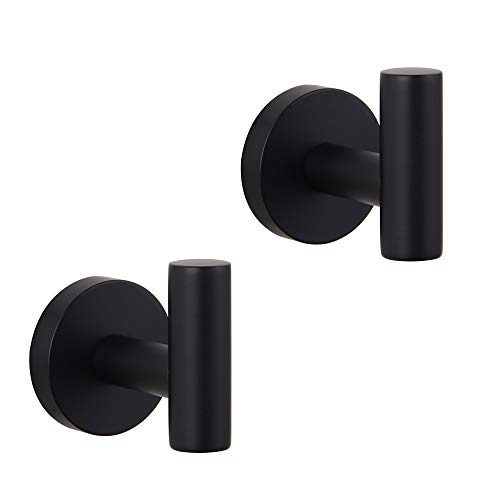 Bathroom Matte Black Coat Hook SUS 304 Stainless Steel Single Towel/Robe Clothes Hook for Bath Kitchen Contemporary Hotel Style Wall Mounted 2 Pack