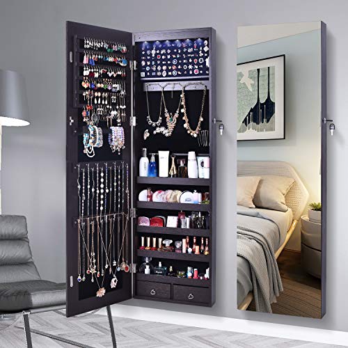 AOOU Jewelry Organizer Jewelry Cabinet,Full Screen Display View Larger Mirror, Full Length Mirror,Large Capacity Dressing Mirror Makeup Jewelry Armoire(Brown & LED)