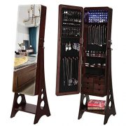 SONGMICS 8 LEDs Jewelry Cabinet Armoire with Beveled Edge Mirror, Gorgeous Jewelry Organizer Large Capacity Brown UJJC89K