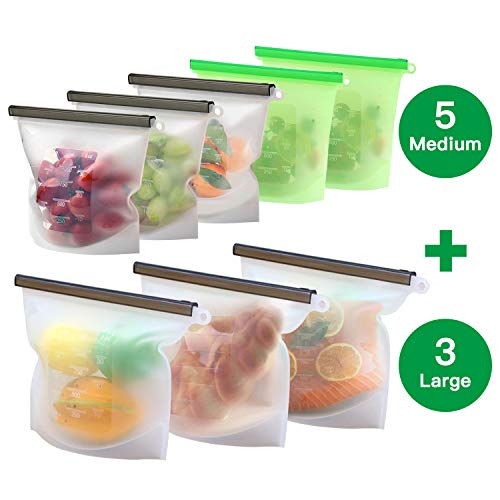 8 Pack Reusable Silicone Food Storage Bag ( 5 Medium & 3 Large) for Sandwich/Sous Vide/Snack/Lunch/Fruit, Leakproof, Dishwasher Safe, Microwave Freezer, Maintain Freshness and Food Quality