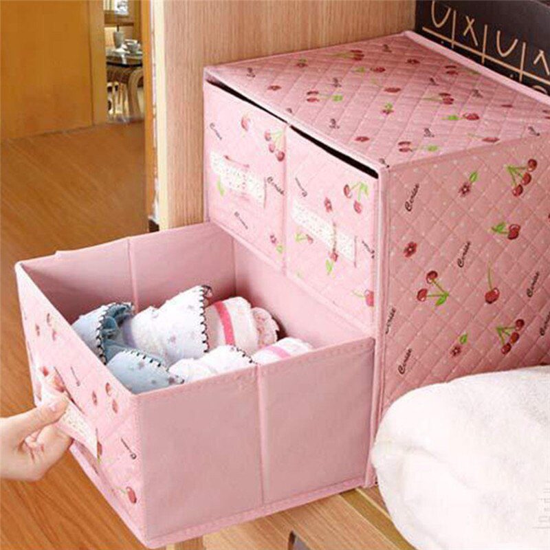 Lace Non-woven Two Layer Three Drawer Bra Organizer Underwear Classified Storage Box Sundries Container Pink Color