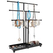Modern Black Metal 3 Tier Tabletop Bracelet & Necklace Jewelry Organizer Display Tree Rack w/Ring Tray