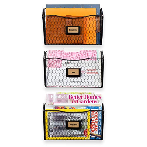 Wall35 Felic Hanging File Holder - Wall Mounted Metal Chicken Wire Magazine Rack - Office Folder Organizer with Name Tag Slot in Black (3)