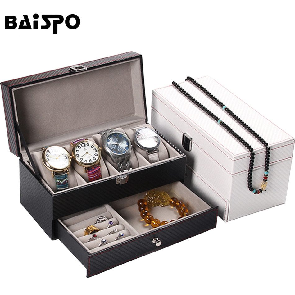BAISPO High grade Arbon fiber leather Jewelry storage Box Container Boxes watch box Casket drawer organizer watch jewelry box