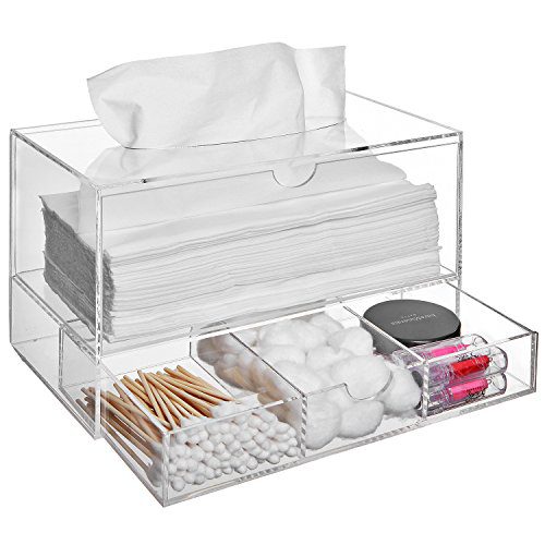 Modern Clear Acrylic Countertop Pull Out Storage Drawer/Cosmetic Organizer Box w/Tissue Dispenser