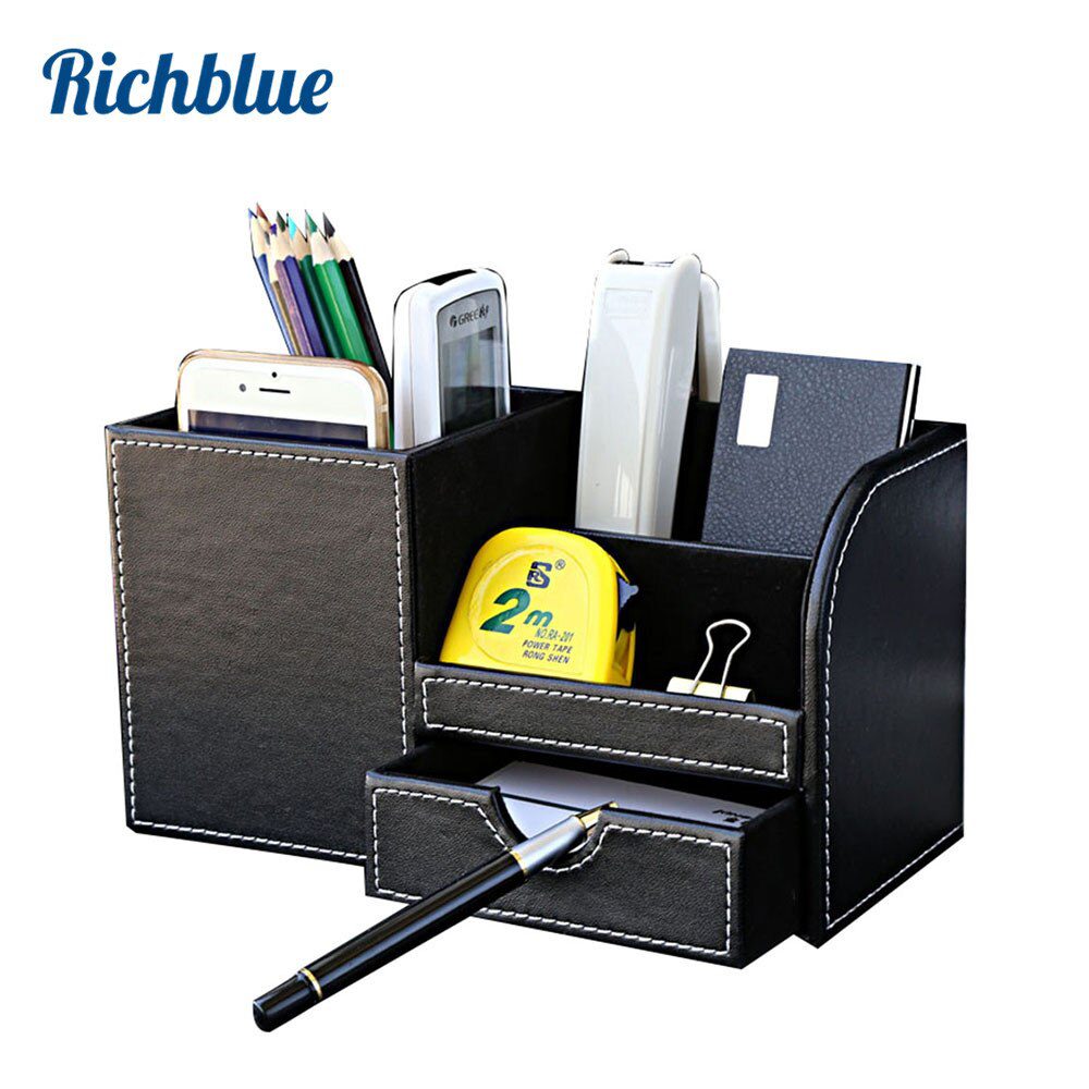 Wooden PU leather Multi-Functional Desk Stationery Organizer Storage Box Pen Pencil Box Holder Case