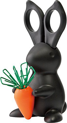 Qualy Desk Bunny Scissors and Magnetic Carrot with Paper Clips in Black