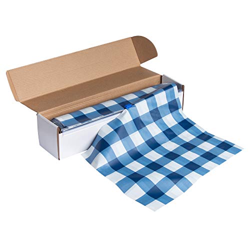 Blue Plastic Tablecloth Roll - 98 Feet x 54 Inches Disposable Table Cover On a Roll with Self-Cutter Box Dispenser, Fits 4.5 Feet Wide Tables, Picnic, Indoor Outdoor Party Supplies, Blue Gingham