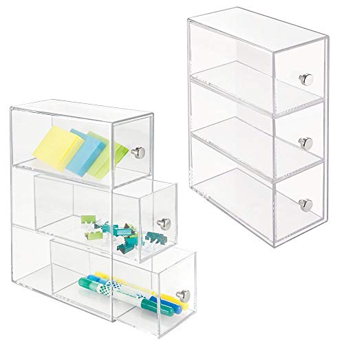 mDesign Home Office, Desk Organizer Storage Station for Storing Gel Pens, Erasers, Tape, Push Pins, Pencils, Markers - Space Saving - Use Vertically or Horizontally - 3 Drawers, 2 Pack - Clear