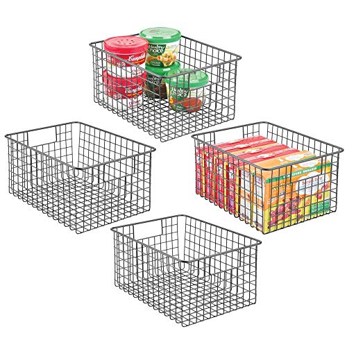 mDesign Farmhouse Decor Metal Wire Food Storage Organizer Bin Basket with Handles - for Kitchen Cabinets, Pantry, Bathroom, Laundry Room, Closets, Garage - 12" x 9" x 6" - 4 Pack - Graphite Gray