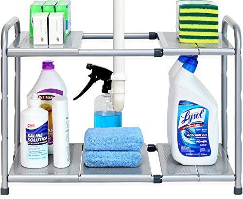 SimpleHouseware Under Sink 2 Tier Expandable Shelf Organizer Rack, Silver (expand from 15 to 25 inches)